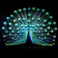 Poster - Dramatically Fanned Neon Peacock with Glowing Blue and Green Feathers Against Dark Background