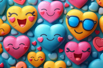 Sticker - Cute emoji faces with heart-shaped eyes, vibrant blue and pink colors, digital illustration, playful and cheerful design, modern and fun style.