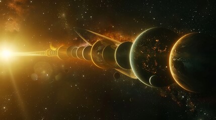 Wall Mural - close up view of multiple planets aligned in space with stars in the background generative ai