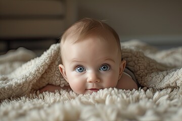 a baby laying on a fluffy rug in a room, curious baby exploring a world of soft textures