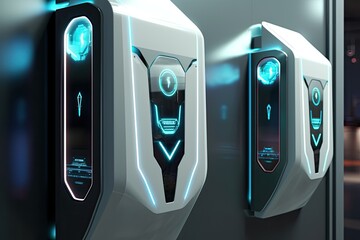 Poster - a futuristic computer tower with a glowing display, cutting-edge biometric security system