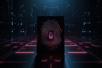 Poster - a futuristic computer tower with a glowing display, cutting-edge biometric security system