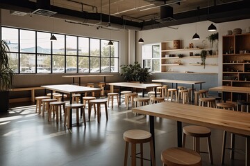 Aufkleber - a large room with tables and chairs and a lot of windows, dynamic workspace fostering creativity and collaboration