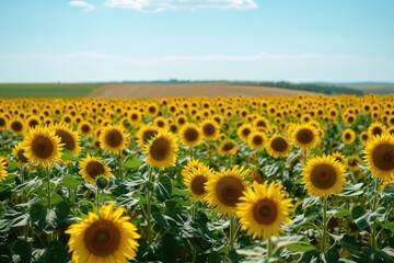 Poster - a field of sunflowers with a blue sky in the background, field of sunflowers stretching towards the horizon