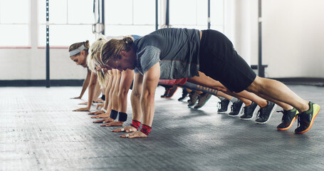 Wall Mural - People, workout and plank in gym for health, muscle development and exercise together for support. Group class, training and pushup challenge for performance, strong body and wellness collaboration