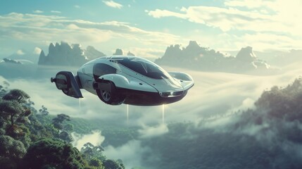 Poster - a futuristic flying vehicle in the sky above the clouds, futuristic concept of a flying car