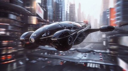 Fototapete - a futuristic flying vehicle in the sky above the clouds, futuristic concept of a flying car