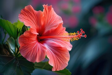 Poster - a red flower with a green stem and a yellow flower, hibiscus unfolds its crimson glory, a symbol of passion and the vibrant pulse of life's rhythm