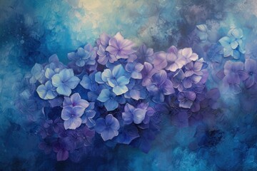 Poster - a painting of blue flowers with green leaves, hydrangea weaves its story, a tapestry of blues and purples blending seamlessly on the painted canvas
