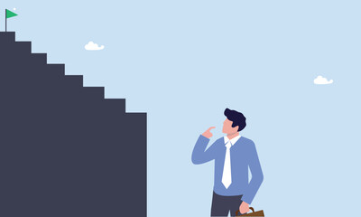 Discouraged businessman looking at high steep first step of success stairway, first step is hardest, learning curve or overcome difficulty when start new business, challenge to succeed in work concept