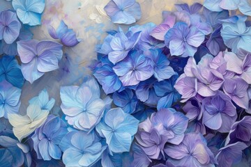 Poster - a painting of blue flowers with green leaves, hydrangea weaves its story, a tapestry of blues and purples blending seamlessly on the painted canvas