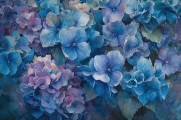 Poster - a painting of blue flowers with green leaves, hydrangea weaves its story, a tapestry of blues and purples blending seamlessly on the painted canvas