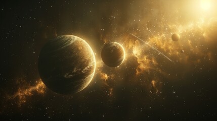 Wall Mural - planets illuminated by different light sources creating a dramatic space scene generative ai