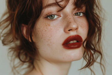 Wall Mural - A woman with red hair and green eyes is wearing red lipstick