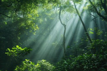 Aufkleber - a forest with sunbeams shining through the trees, lush forest with sunlight filtering through the trees