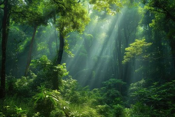 Aufkleber - a forest with sunbeams shining through the trees, lush forest with sunlight filtering through the trees