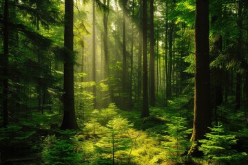 Aufkleber - a forest with sunbeams shining through the trees, lush forest with sunlight filtering through the trees