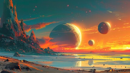 Wall Mural - stylized depiction of a futuristic space exploration scene with multiple planets generative ai
