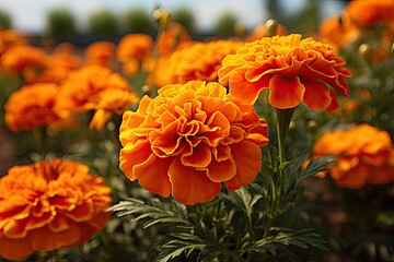 Aufkleber - a field of orange flowers with a sky background, marigold, its vibrant orange petals exuding warmth and positivity in a sun-kissed garden