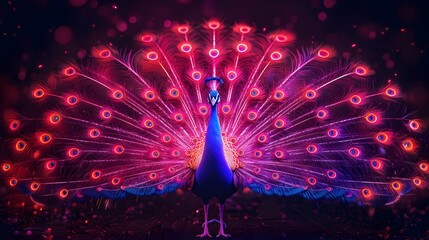 Poster - Neon Peacock with Glowing Electric Feathers Majestic Digital Artwork with Copy Space