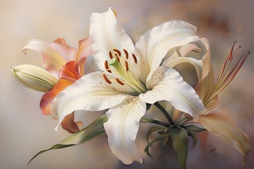 Poster - a painting of a white and orange flower, elegant lily graces the canvas, its petals kissed by the essence of watercolor
