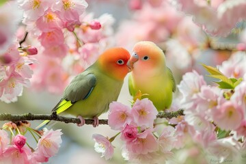 Wall Mural - two birds sitting on a branch of a tree, enchanting scene unfolds as a pair of lovebirds perch on a blooming cherry blossom branch in a serene garden