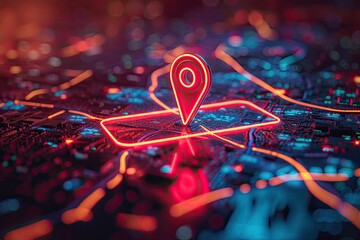 Aufkleber - a red pin on a circuit board with a blue background, neon pin dropped on a world map, highlighting the global reach and connectivity of location technology