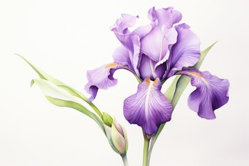 Poster - a purple flower with a green stem and leaves, iris emerges, its velvety purple petals blending seamlessly in watercolor grace