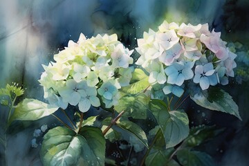 Poster - a painting of a bunch of flowers with green leaves, sunlit hydrangea, its clusters painted with the soothing strokes of watercolor