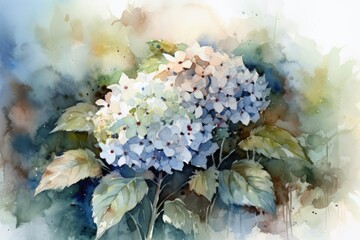 Aufkleber - a painting of a bunch of flowers with green leaves, sunlit hydrangea, its clusters painted with the soothing strokes of watercolor
