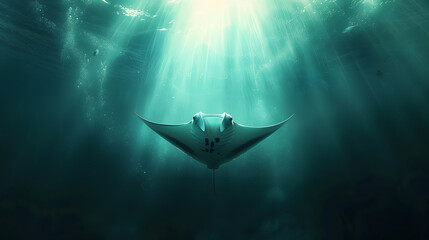 Sticker - a manta ray beautiful light in ocean perspective from underneath the ray