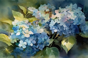 Poster - a painting of a bunch of flowers with green leaves, sunlit hydrangea, its clusters painted with the soothing strokes of watercolor