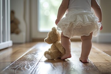 a little boy walking down a dirt road with a teddy bear, tiny toddler taking wobbly steps with a teddy bear