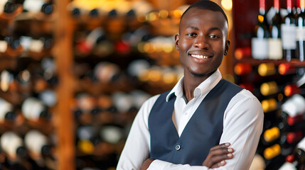 Sticker - Smiling African salesman in bright modern wine store. Customer service and small business concept.