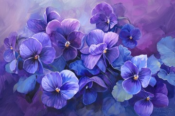 Poster - a close up of a bunch of purple flowers, Vivid violets bloom, a celebration of nature's kaleidoscope, captured in the delicate strokes of an artist's brush