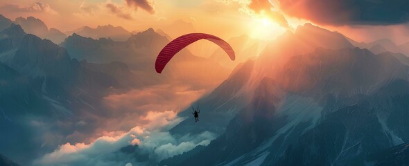 Beautiful paragliding over the mountains at sunset, parapent flying in alps with colorful sky and clouds, adventure sport concept banner background