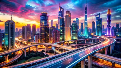 Vibrant futuristic metropolis with neon-illuminated expressways curling through towering skyscrapers, casting a kaleidoscope of colors across the dark urban landscape at dusk.