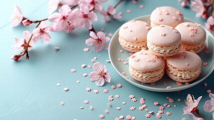 Wall Mural -   White plate with pink macaroons surrounded by pink flowers on blue surface