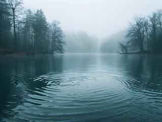 Wall Mural - Tranquil Misty Lake with Gentle Rain Ripples on a Foggy Autumn or Winter Morning