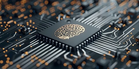 Poster - Advancement of AI on microprocessor symbolized by digital brain in conceptual illustration. Concept AI, Microprocessor, Digital Brain, Conceptual Illustration, Technological Advancement