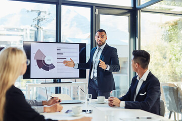 Aufkleber - Meeting, presentation and business man with statistics for financial profit, infographics or growth charts. Office, colleagues and person by monitor for marketing data, budget review or information