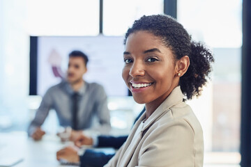 Canvas Print - Boardroom, portrait and business woman in meeting, corporate training and workshop for project feedback. Office, coworker or female consultant with smile for networking, professional growth and pride