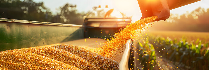 Wall Mural - Harvester pouring freshly harvested corn maize seeds or soybeans into container trailer near, closeup detail, afternoon sunshine. Agriculture concept.