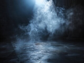 Mysterious and atmospheric scene with dark empty space. Floor is illuminated by spotlight creating dramatic interplay of light and shadows. Presence of smoke or mist element of mystery ambiance