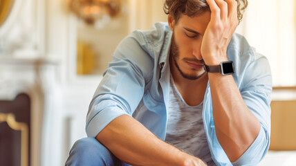 Wall Mural - depression, depressed man, in distress, holding his head with his hand, sitting in a luxurious living room, showing signs of stress or anxiety. The background is blurred with fancy decor