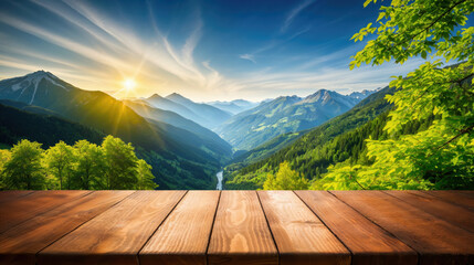 Poster - Empty wooden tabletop with a breathtaking view of a mountain valley at sunset for display montage