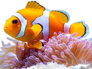 Canvas Print - Vibrant Clownfish Amid Detailed Sea Anemones on Coral Reef Background