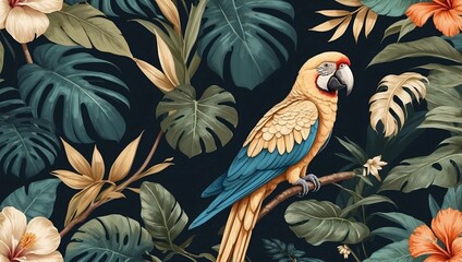 Naklejka na meble Colorful Parrots on Branch with Tropical Flowers - Vibrant Wildlife Illustration	