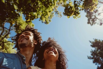 A couple with smiles on their faces looks up at the blue sky while standing in an urban park