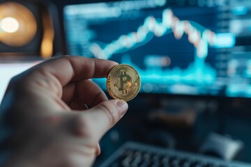 Aufkleber - A hand holds a physical Bitcoin coin in front of a computer screen displaying a blurred chart of blockchain data